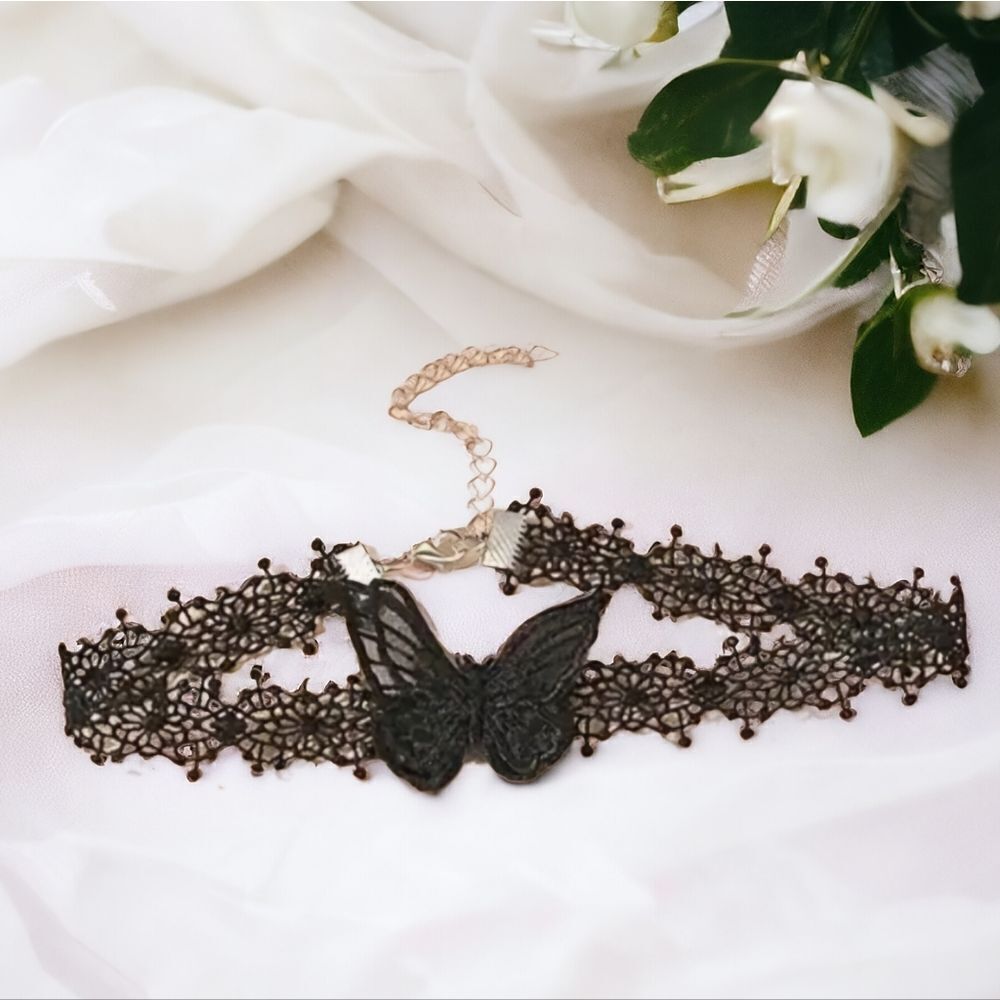 Butterfly Victorian Gothic Black Crochet Lace Choker Elegant Embroidered Goth - Picture 2 of 5